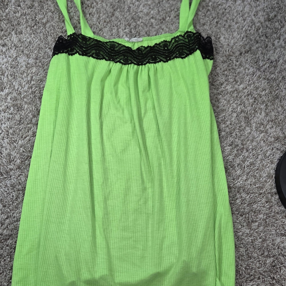 Blumin Apparel Neon Lime Green Ribbed Tank Top Lace Trim 2XL‎